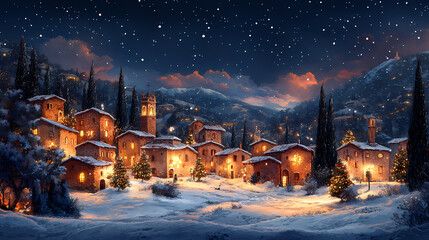 Naklejka premium A cartoon SIDE VIEW of VARIOUS Medieval Buildings with Christmas Decorations, done in watercolor, with soft edges, color gradations, and luminescence.