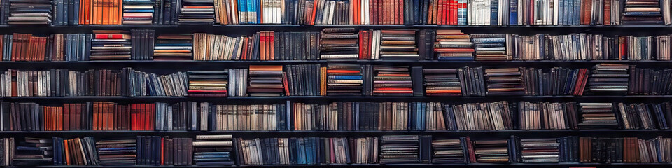 Fototapeta premium A vast array of books, neatly organized on wooden shelves built into a rocky cliff face.