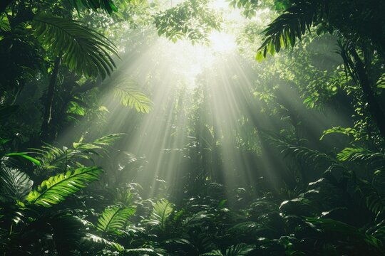 Sunbeams filtering through lush green jungle canopy