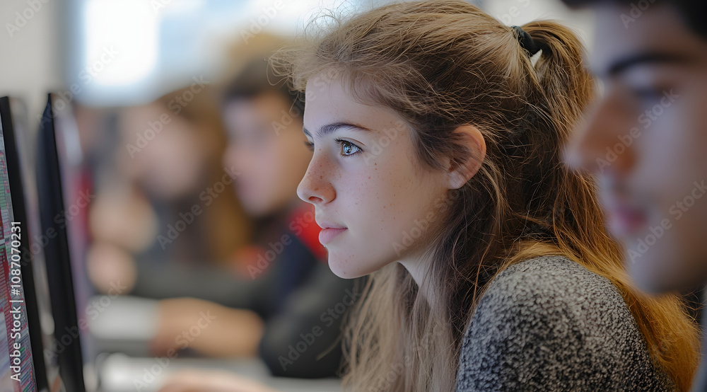 Poster a focused student engages with computer screens in a collaborative learning environment.