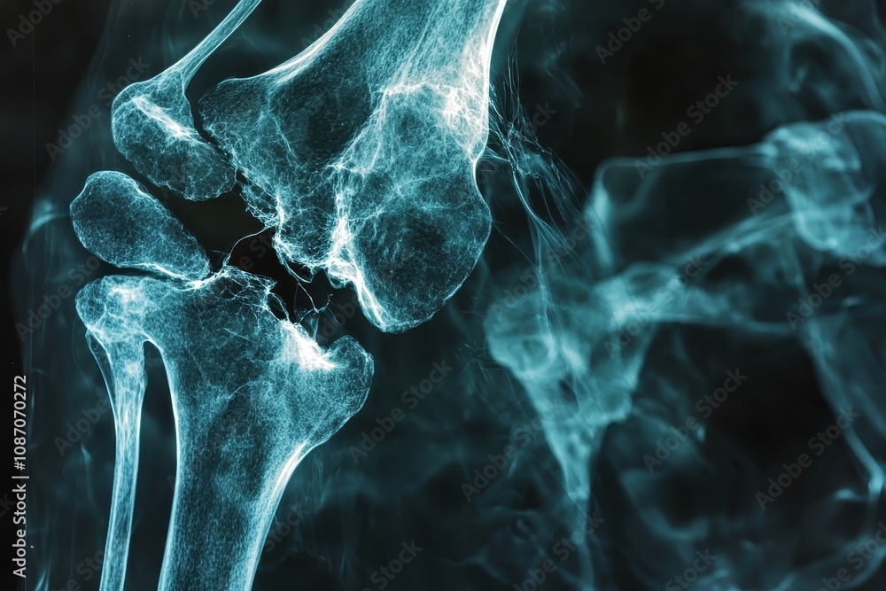 Poster high-resolution x-ray image of a human knee joint, showcasing the intricate structure of bones and c