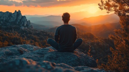 Obraz premium A person meditating on a rock, overlooking a vibrant sunset with mountains and trees in the background, evoking tranquility and connection with nature.