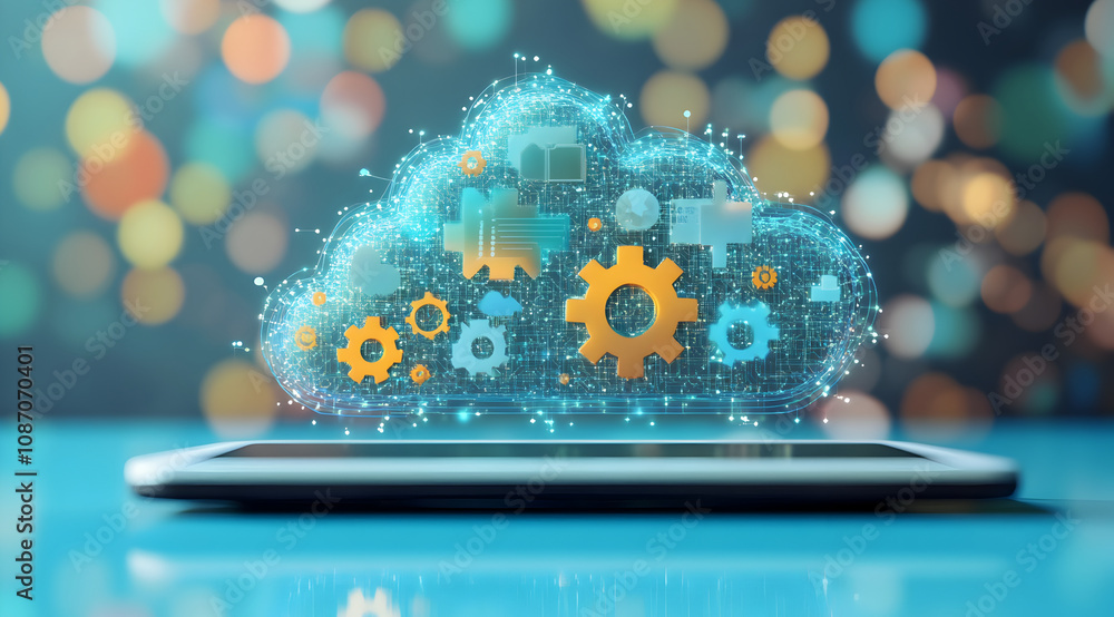 Poster a digital cloud with gears emerges from a smartphone, symbolizing cloud computing and technology int
