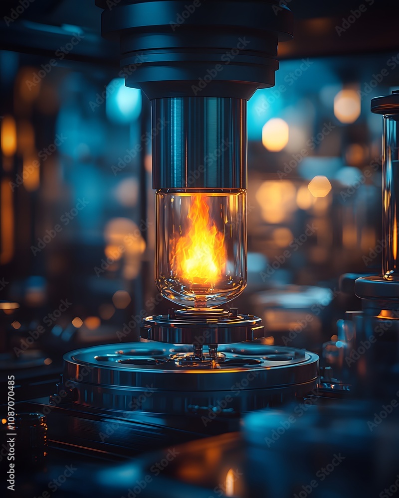 Poster a close-up of a laboratory setup with a glowing flame in a glass container.