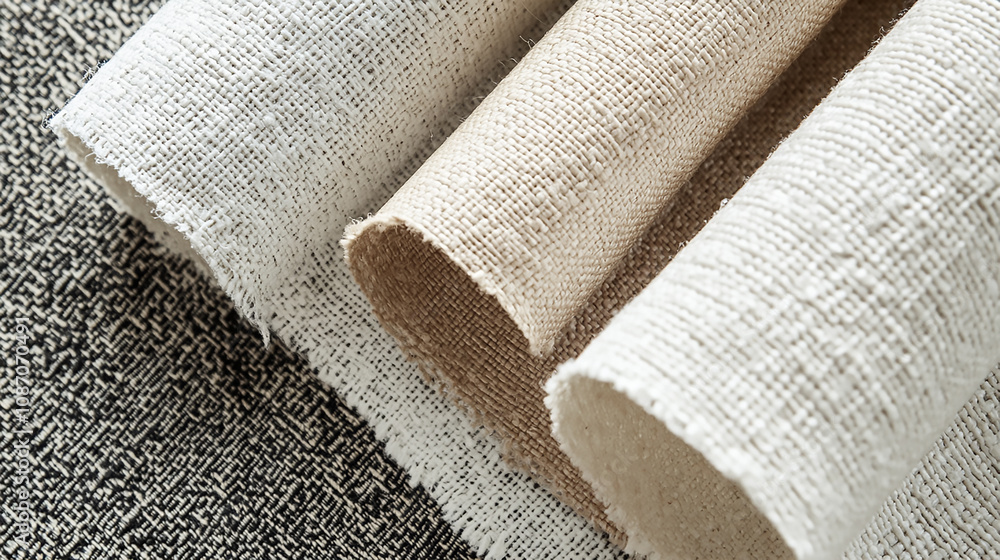 Aufkleber diagonal textural background of three types of natural linen fabric, rolled up a captivating piece o