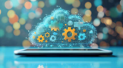 A digital cloud with gears emerges from a smartphone, symbolizing cloud computing and technology integration.