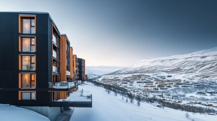 Fototapeta premium Modern apartments in an Arctic city overlooking a beautiful snowy valley