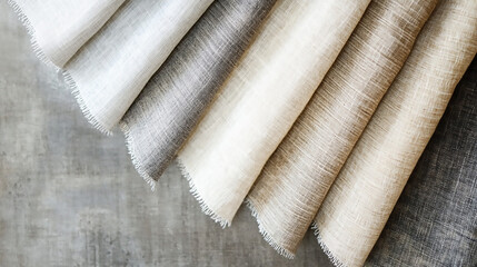 Textile background with natural linen and cotton fibers Linen fabric rolls in a row for banner or poster. Background, texture, pattern, place for