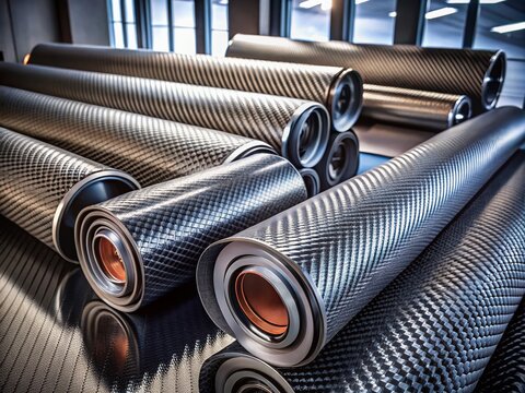 Innovative Carbon Fiber Rolls for Automotive and Car Tuning Industry Showcasing High-Tech Materials with a Futuristic Background for Fashion Photography