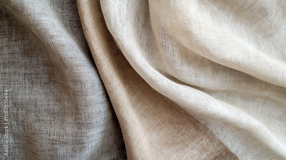 Aufkleber diagonal textural background of three types of natural linen fabric, rolled up a captivating piece o