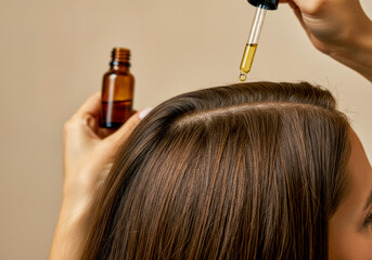 Woman applying hair oil with a dropper to nourish and strengthen her hair indoors during a wellness routine