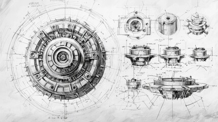 Fototapeta premium A detailed technical blueprint of a circular mechanical component with various angles and sections illustrated.