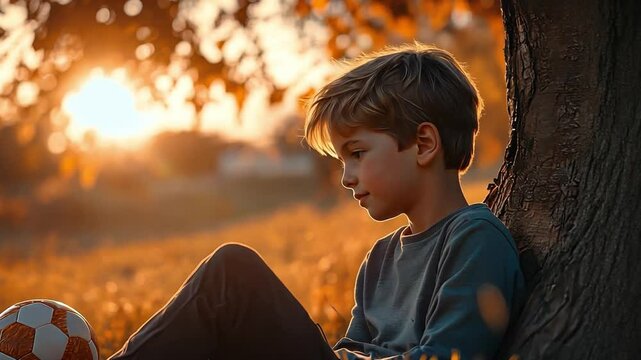 A boy sitting under a tree with a soccer ball beside him, staring off into the distance, wishing for something more exciting.
