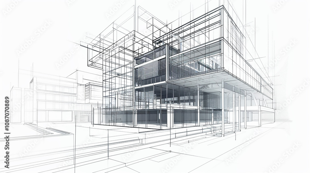 Poster modern architecture building construction perspective design, building sketch line drawing on white 