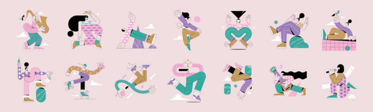 Set of vector, minimalist and funny characters in pastel colors. Character design in various and dynamic poses.