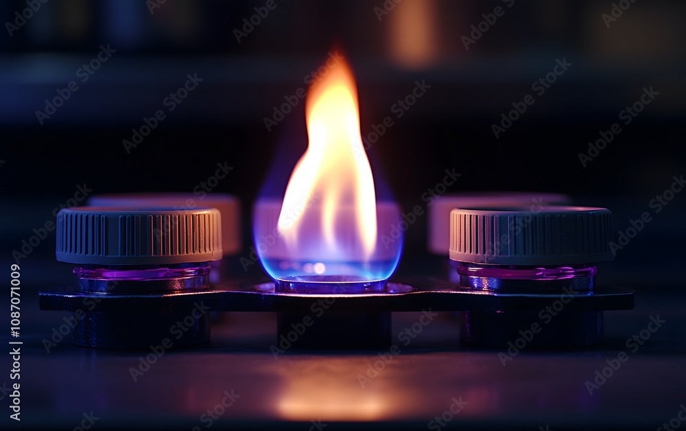 Poster a close-up of a flame burning from a small container, surrounded by others on a surface.