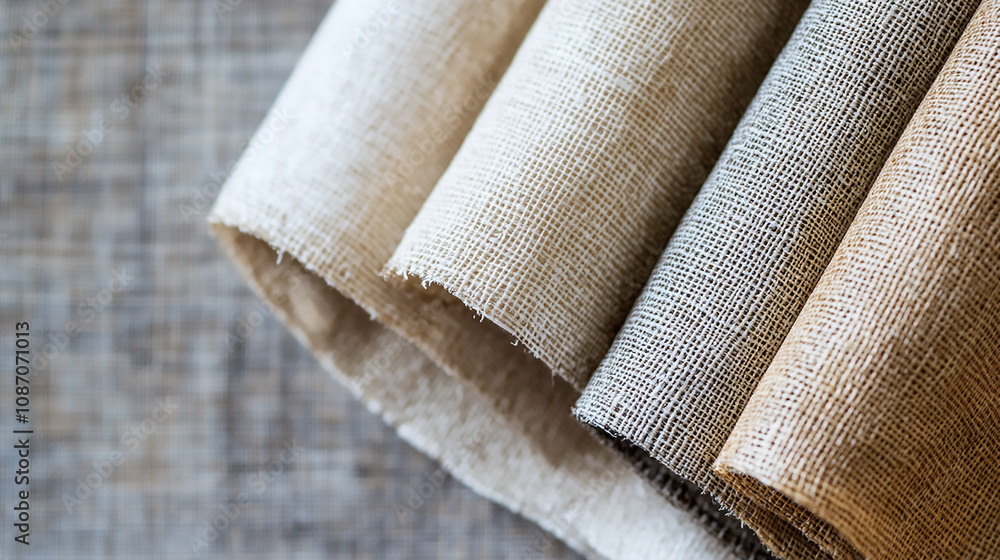 Aufkleber diagonal textural background of three types of natural linen fabric, rolled up a captivating piece o