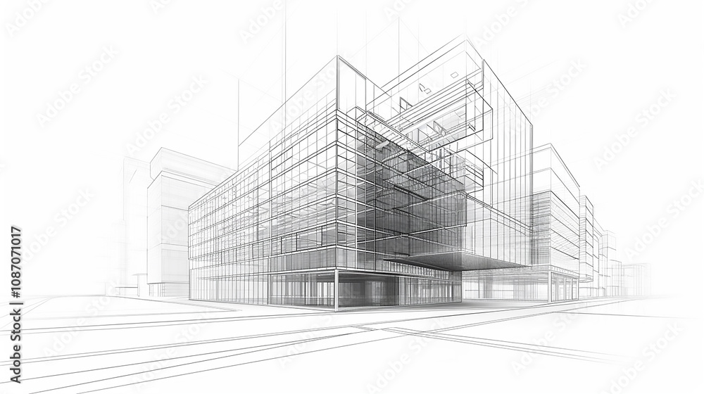 Poster modern architecture building construction perspective design, building sketch line drawing on white 