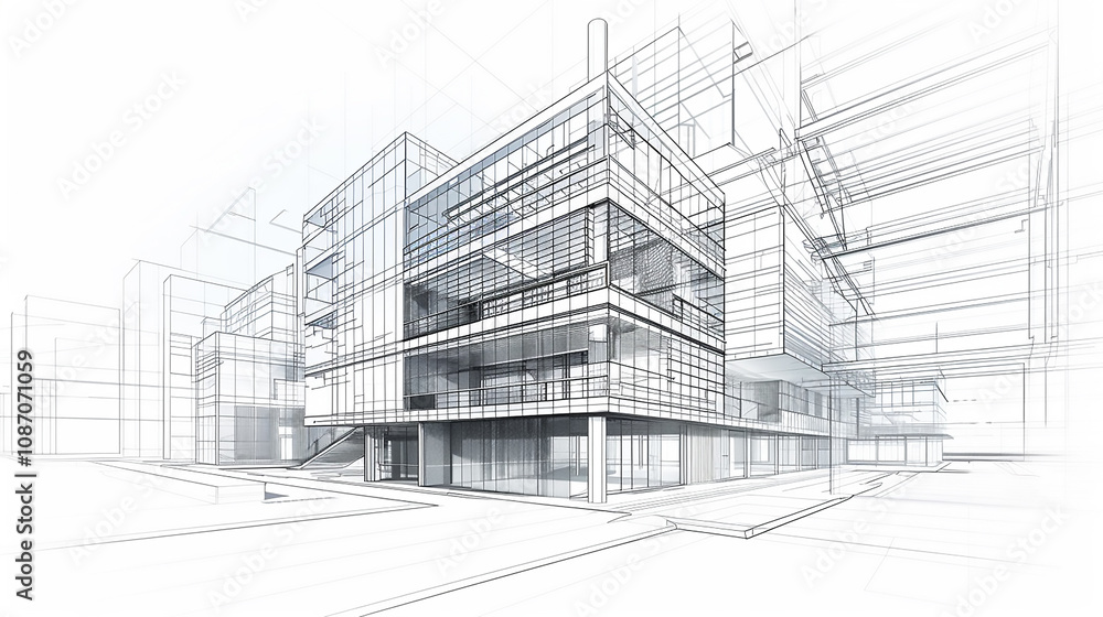 Poster modern architecture building construction perspective design, building sketch line drawing on white 