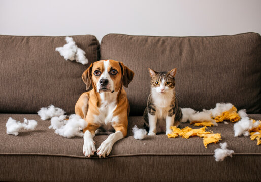 A playful dog and cat sit together on a couch surrounded by torn cushions and fluff in a cozy living room