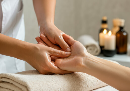Relaxing hand massage in a tranquil spa setting with candles and essential oils during a soothing wellness session