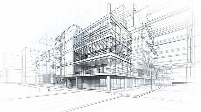 Modern Architecture building construction perspective design, building sketch line drawing on white background Modern Architecture building construction perspective design, building sketch line white 