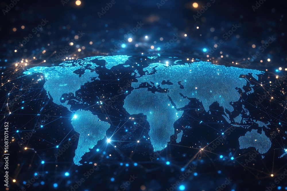 Poster planet earth rotating and showing global connections and bright spots of data exchange
