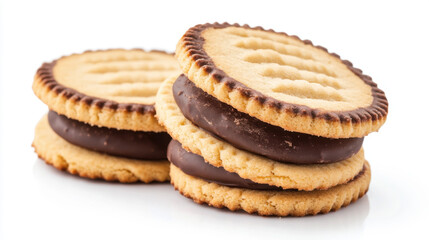 Sandwich cookies, chocolate cream filled biscuits isolated on white background, full depth of field