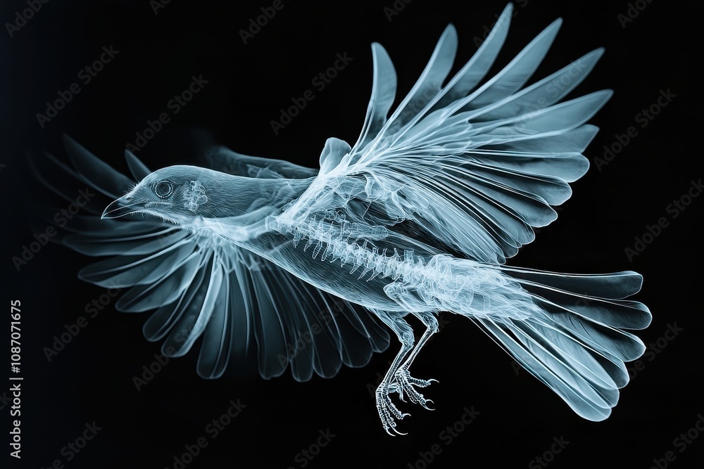 Poster stunning x-ray image of a bird in flight showcasing intricate bone structure and feather details aga