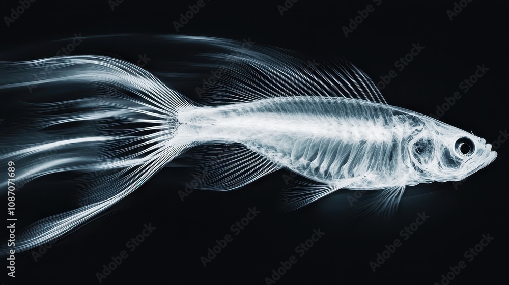 Poster stunning x-ray image of a transparent fish showcasing intricate bone structures and unique fluid mot