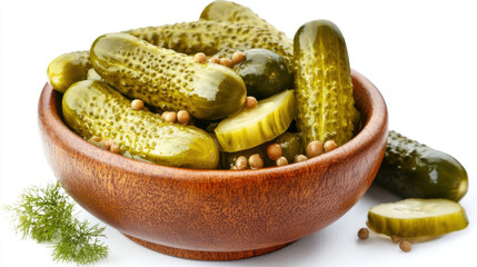 Marinated cucumbers, pickled gherkins isolated on white background