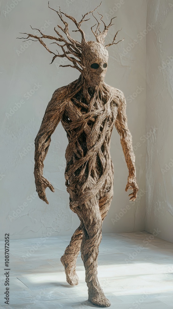 Poster artistic representation of a tree-like creature walking in a minimalist interior, emphasizing nature