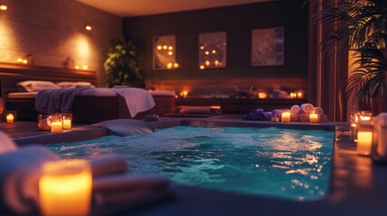 Tranquil Spa Retreat with Soothing Hot Tub, Soft Lighting, Candles, and Relaxing Atmosphere for Ultimate Relaxation and Rejuvenation Experience