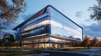 Obraz premium Modern office building A modern hospital building features a glass facade with commercial office buildings in the background, modern landscape design with big green bushes.