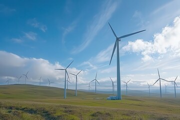 Expansive Landscape featuring Numerous Wind Turbines under a Bright Blue Sky with Wispy Clouds in a Renewable Energy Scene