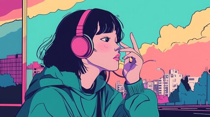 80s retro Japanese pop art illustration of a cute city girl enjoying music while strolling, vibrant clouds and urban scenery surrounding her.