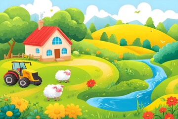 Fototapeta premium Beautiful landscape vector illustration of mountains, forests, fields and meadows. Stunning panoramic farm landscape with mountains in the background. Natural landscape