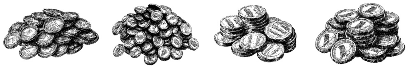 The stack of coins is in the engraving style. This is an illustration drawn in ink.