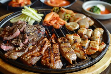 Grilling Meat Sizzling on Hot Grill with Delicious Side Dishes