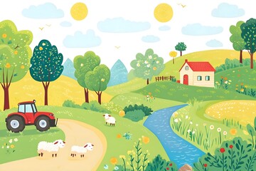 Fototapeta premium Beautiful landscape vector illustration of mountains, forests, fields and meadows. Stunning panoramic farm landscape with mountains in the background. Natural landscape