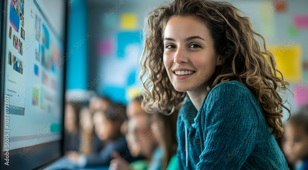 Poster a smiling student with curly hair sits in front of a computer, engaged in a learning environment fil