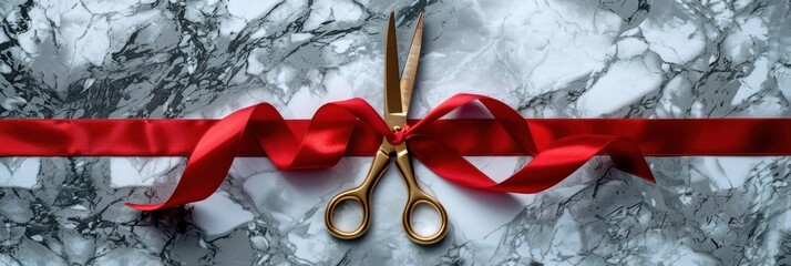 Gold Scissors Cutting Red Ribbon on Marble Background