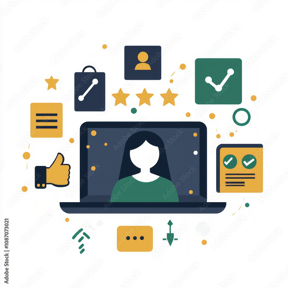 Poster infographic features laptop faceless user and various success icons presenting clean design emphasiz