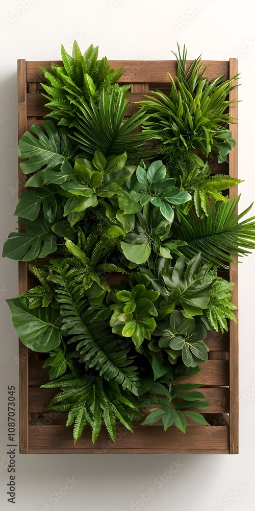Poster abundant trailing foliage plants bursting forth from a weathered wooden crate creating a stunning ve