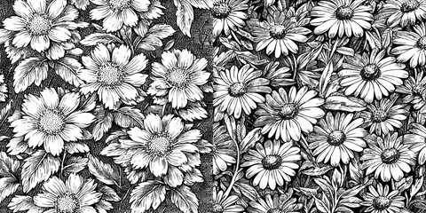 Obraz premium Printed seamless pattern with daisies and wild flowers on blue background. Cute floral design.