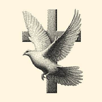 dove in flight with a cross, vintage photocopy stipple effect style, halftone design illustration