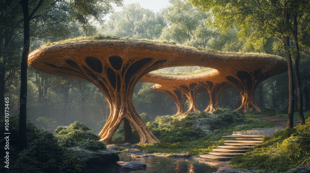 Poster tree-like bridge with towering pillars, seamlessly blending nature and architecture, creating a stun