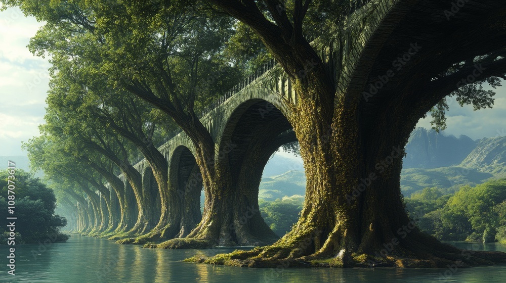 Poster tree-like pillars support a stunning bridge, blending nature and architecture in a harmonious landsc