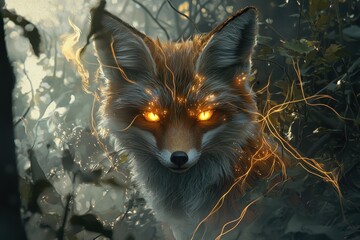 Enigmatic Fox with Glowing Eyes Emerging from a Mystical Forest Surrounded by Foliate and Ethereal Light Enhancements, Symbolizing Nature's Mysteries