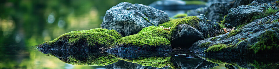 Mossy Rock Reflections: A rocky shore dotted with moss, reflecting the calm lake and surrounding nature.